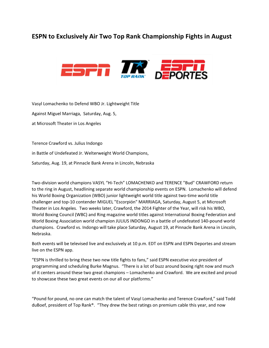 ESPN to Exclusively Air Two Top Rank Championship Fights in August