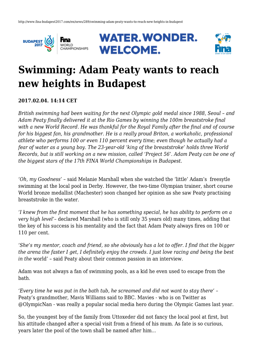 Swimming: Adam Peaty Wants to Reach New Heights in Budapest