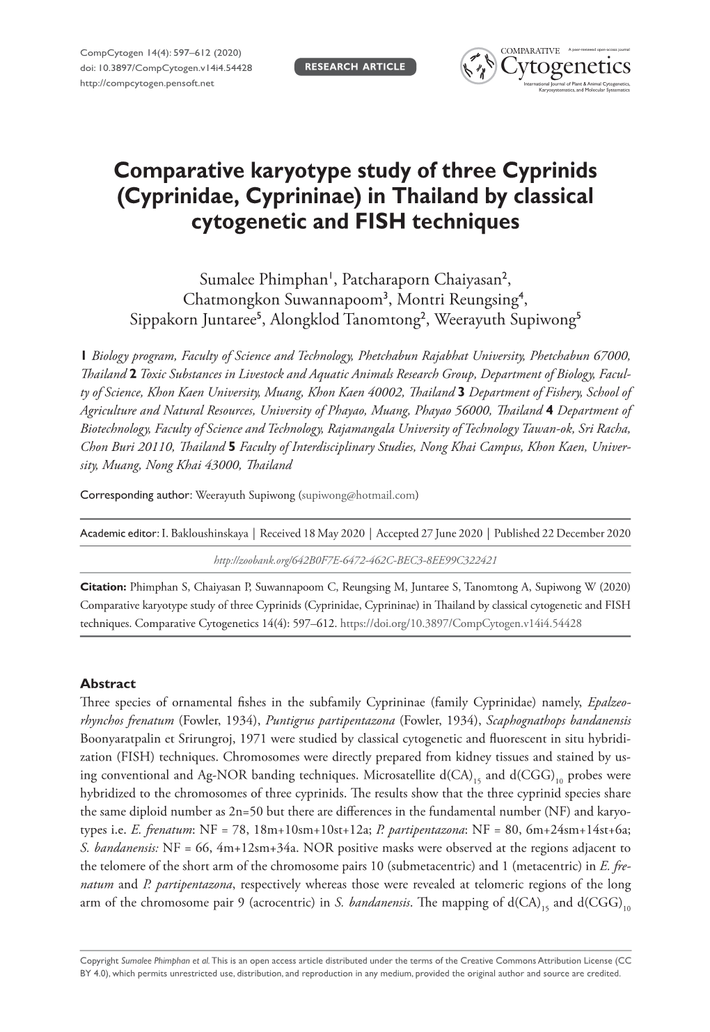 Comparative Karyotype Study of Three Cyprinids (Cyprinidae, Cyprininae) in Thailand by Classical Cytogenetic and FISH Techniques