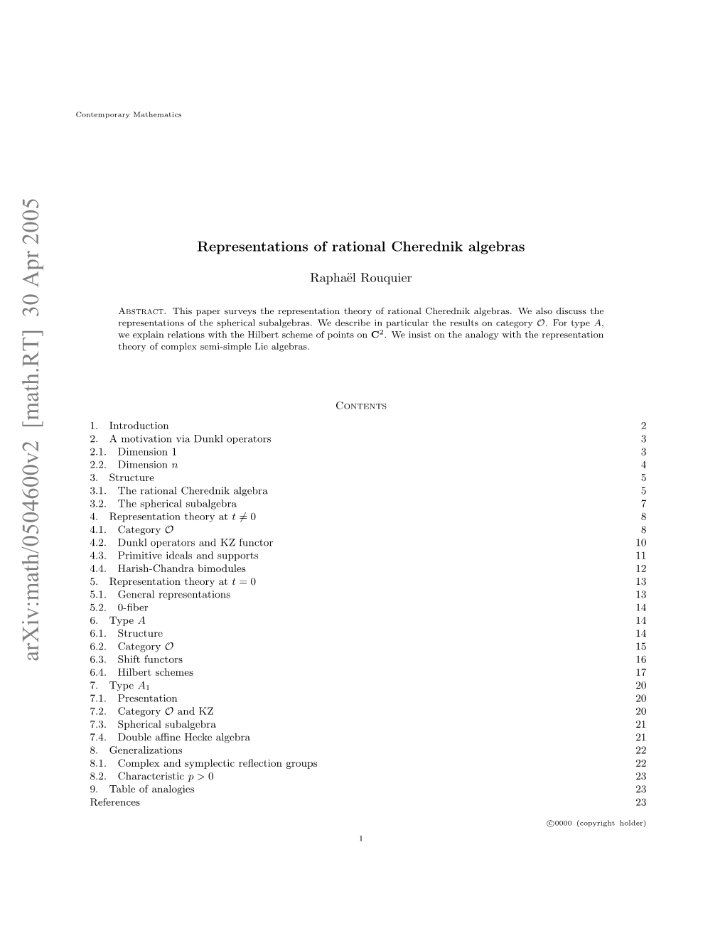 Arxiv:Math/0504600V2 [Math.RT] 30 Apr 2005 Otmoaymathematics Contemporary .Tbeo Analogies of References Table 9