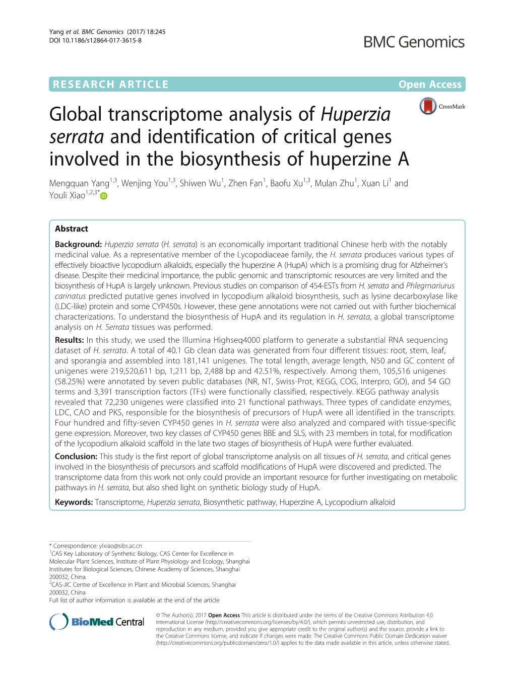 Global Transcriptome Analysis of Huperzia Serrata and Identification