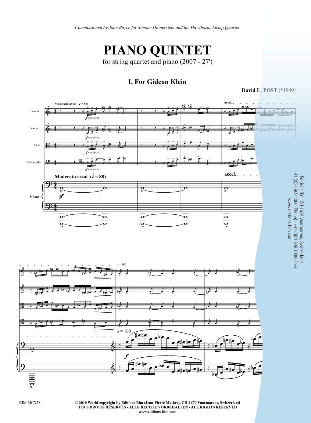 PIANO QUINTET for String Quartet and Piano (2007 - 27')