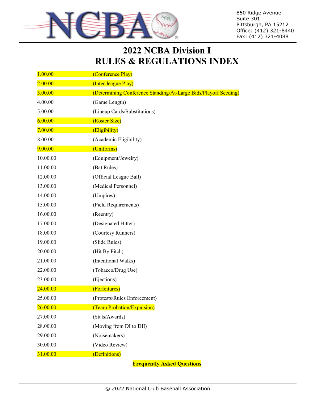 2022 NCBA Division I RULES & REGULATIONS INDEX