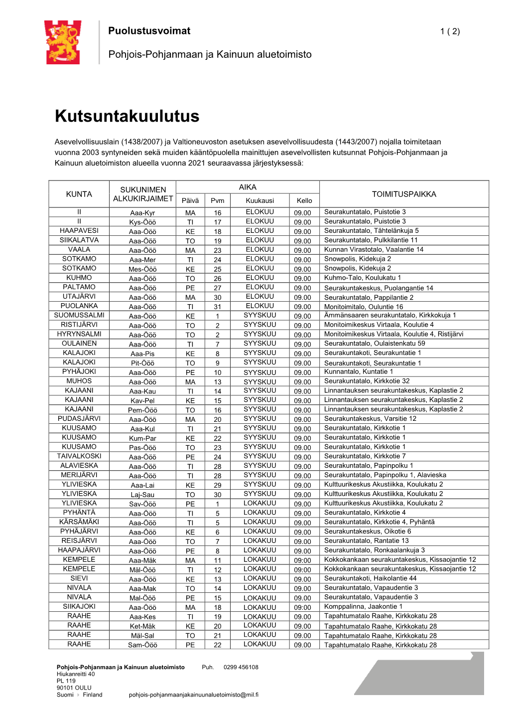 Pohjois-Pohjanmaan Ja Kainuun Aluetoimiston Kutsuntakuulutus