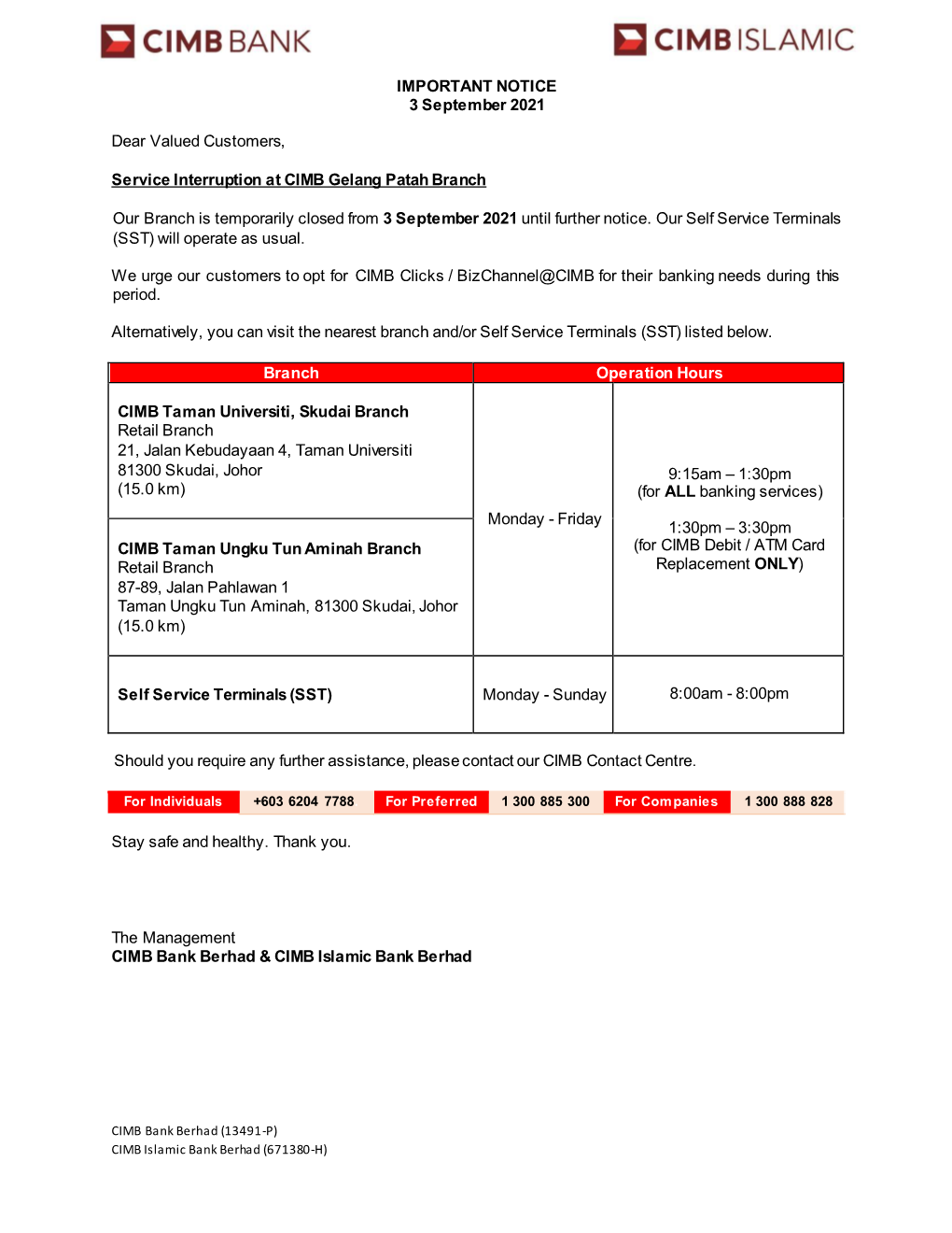 Service Interruption at CIMB Gelang Patah Branch