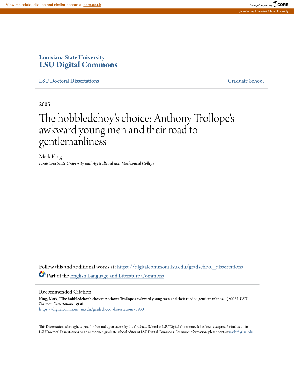 The Hobbledehoy's Choice: Anthony Trollope's Awkward Young Men And