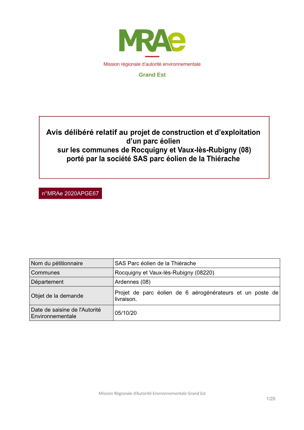 Avis Délibéré Relatif Au Projet De Construction Et D'exploitation D'un Parc Éolien Sur Les Communes De Rocquigny Et Vaux