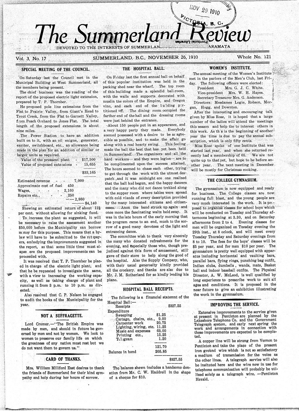 Vol. 3, No. 17 SUMMERLAND. B.C., NOVEMBER 26, 1910 Whole No. 121