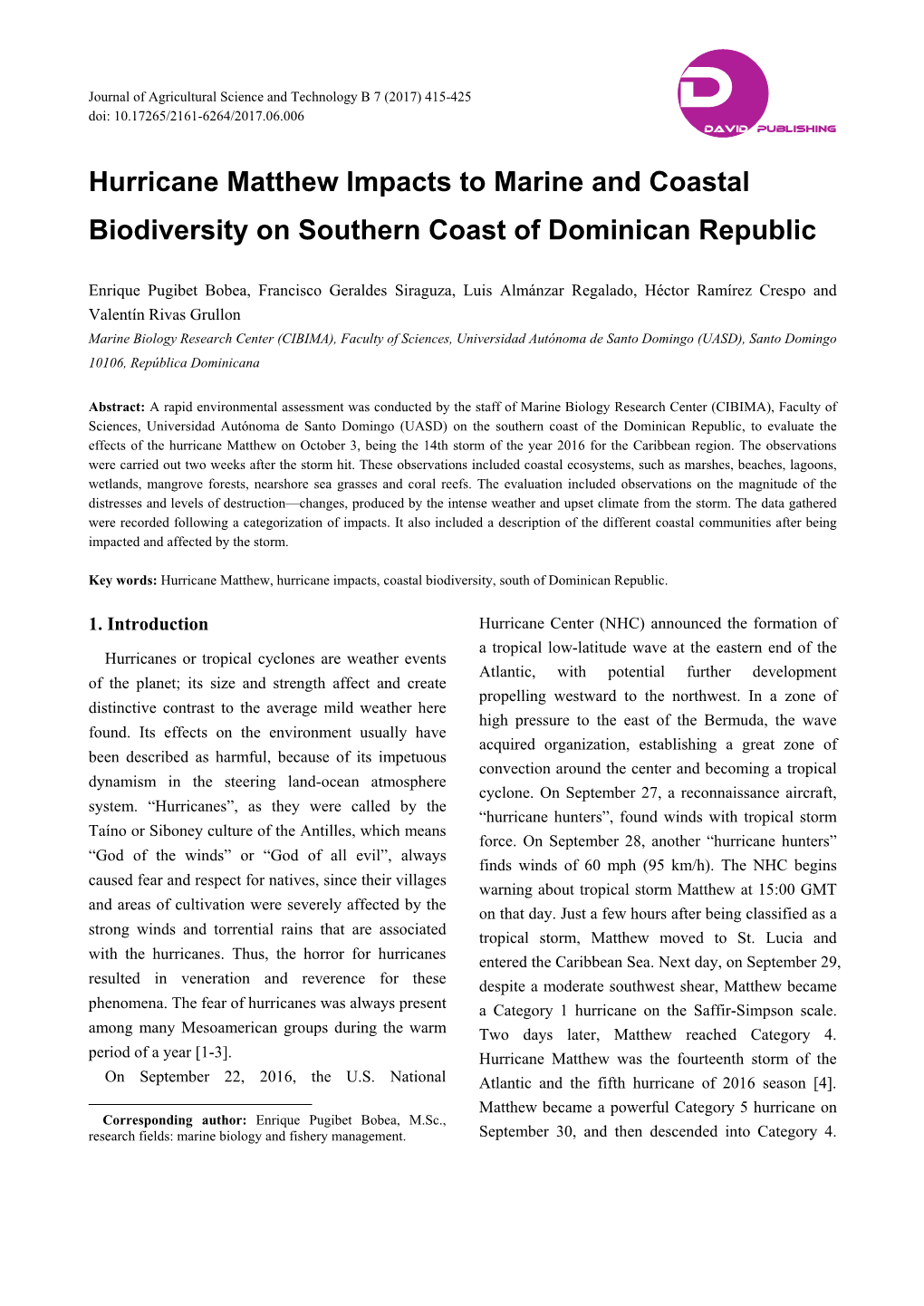 Hurricane Matthew Impacts to Marine and Coastal Biodiversity on Southern Coast of Dominican Republic