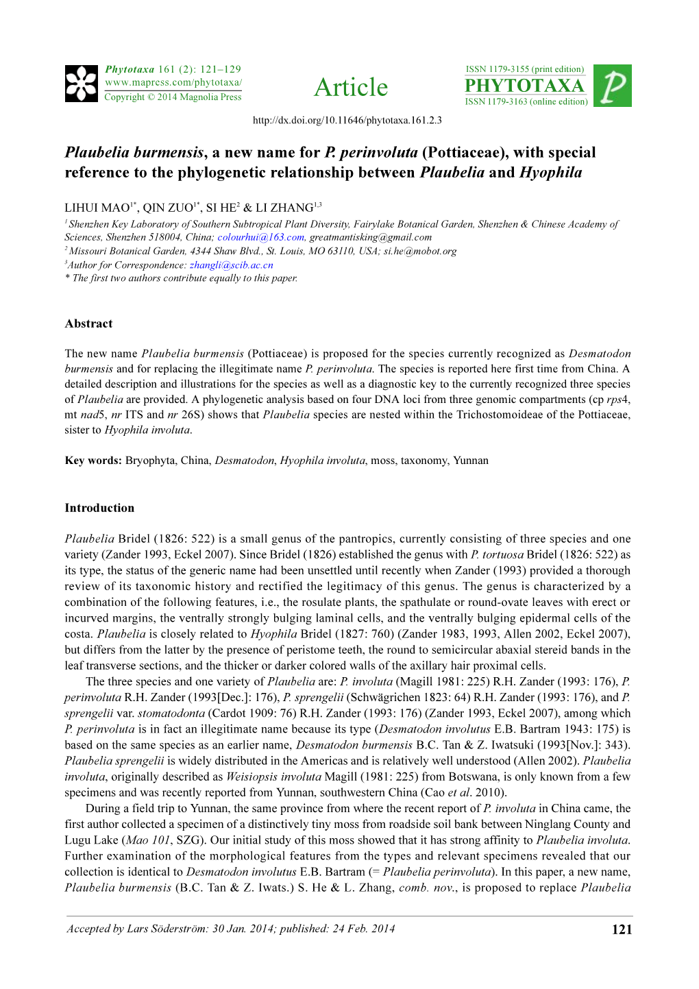 Plaubelia Burmensis, a New Name for P. Perinvoluta (Pottiaceae), with Special Reference to the Phylogenetic Relationship Between Plaubelia and Hyophila