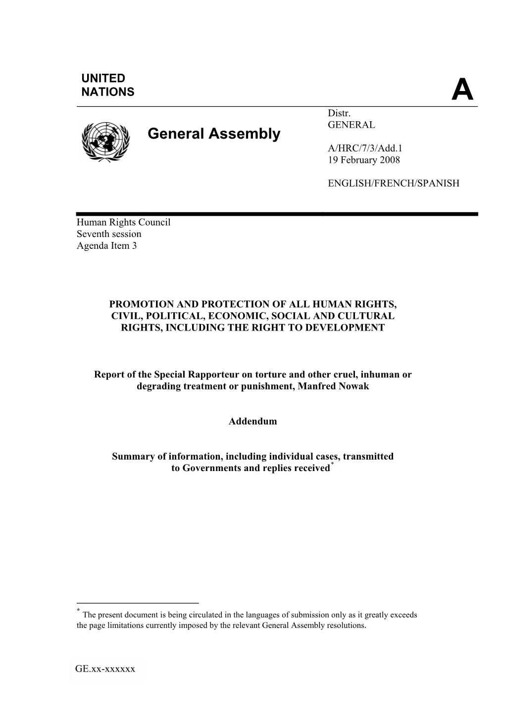 General Assembly A/HRC/7/3/Add.1 19 February 2008