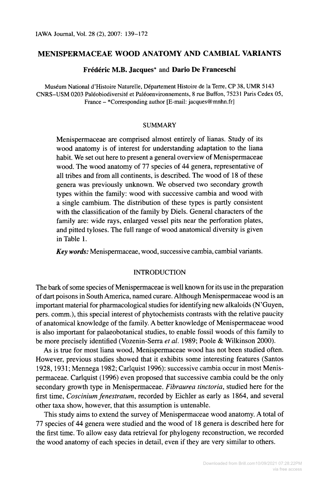 Menispermaceae Wood Anatomy and Cambial Variants