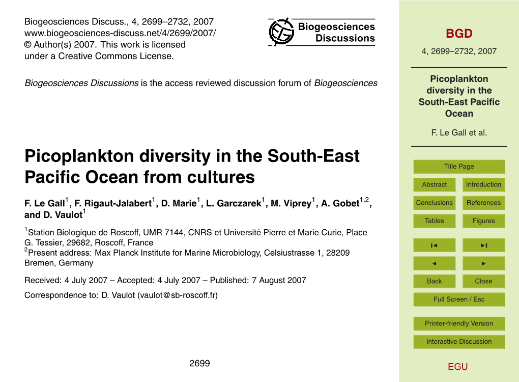 Picoplankton Diversity in the South-East Pacific Ocean