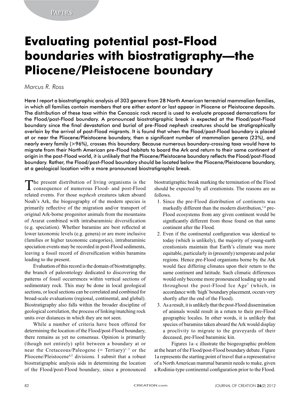 Evaluating Potential Post-Flood Boundaries with Biostratigraphy—The Pliocene/Pleistocene Boundary