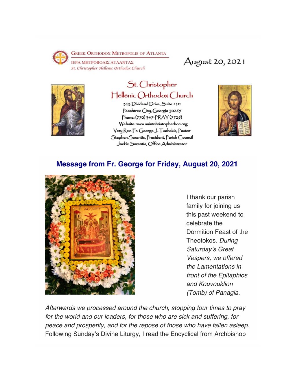 Message from Fr. George for Friday, August 20, 2021