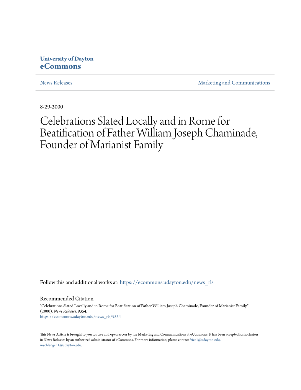 Celebrations Slated Locally and in Rome for Beatification of Father William Joseph Chaminade, Founder of Marianist Family