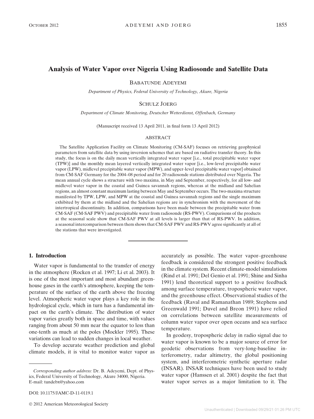 Analysis of Water Vapor Over Nigeria Using Radiosonde and Satellite Data