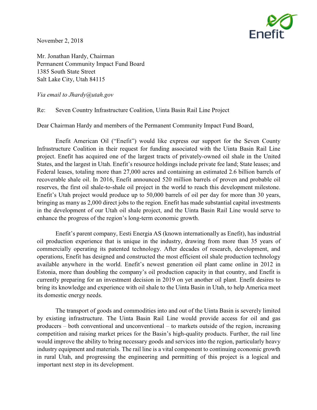 Enefit Uinta Basin Railway Support Letter