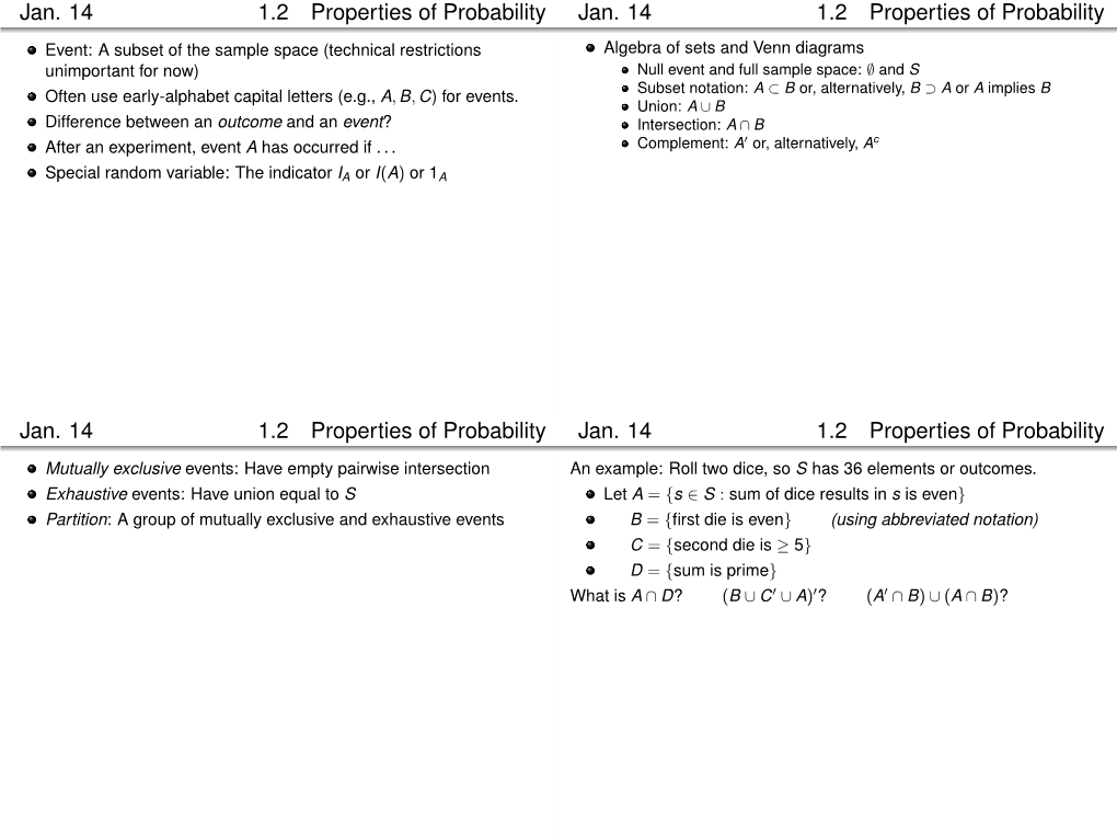 Jan. 14 1.2 Properties of Probability Jan