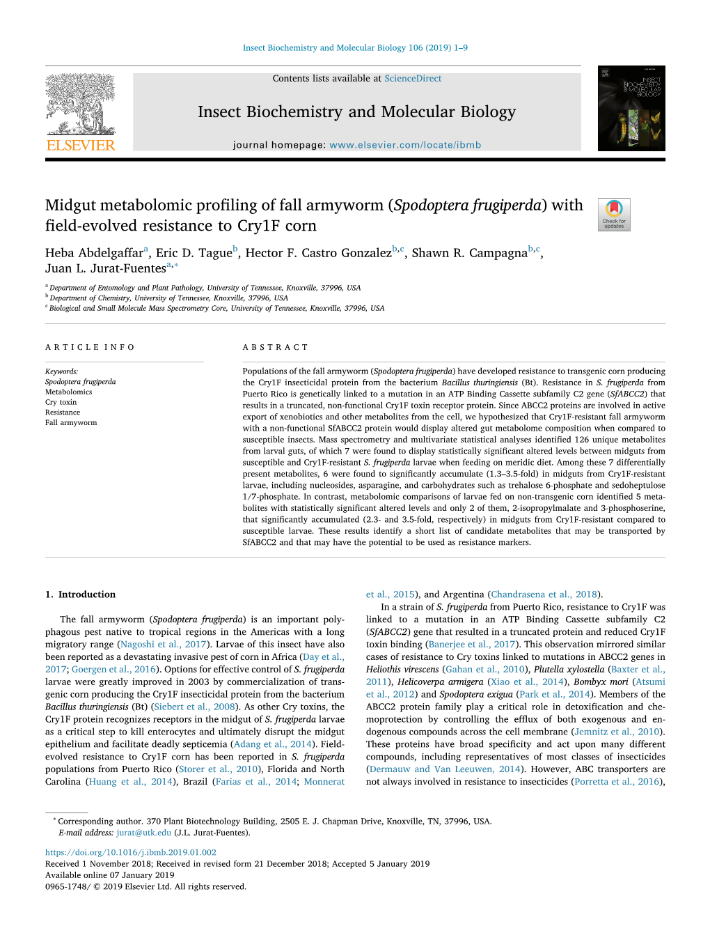 Midgut Metabolomic Profiling of Fall Armyworm (Spodoptera Frugiperda