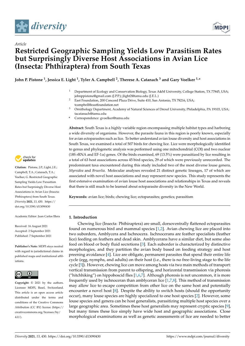 Restricted Geographic Sampling Yields Low Parasitism Rates but Surprisingly Diverse Host Associations in Avian Lice (Insecta: Phthiraptera) from South Texas