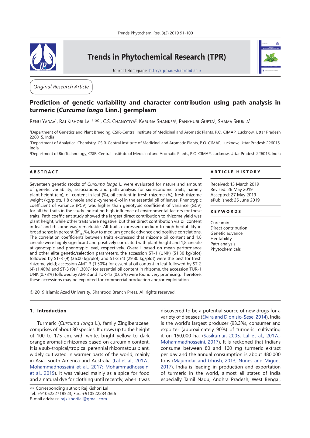 Trends in Phytochemical Research (TPR) Trends in Phytochemical Research (TPR)