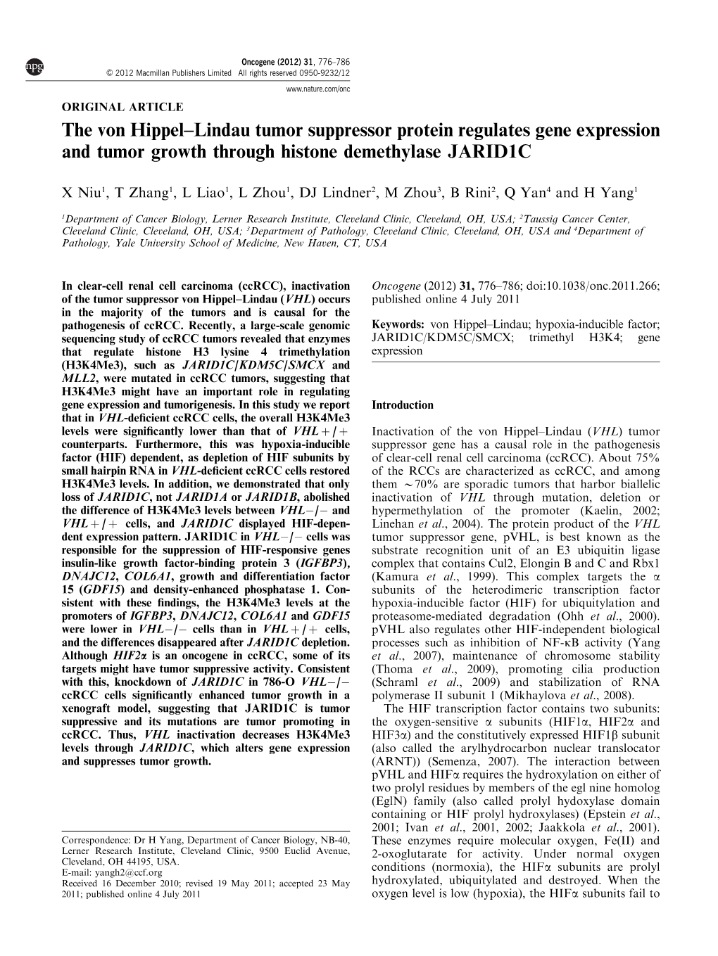 Lindau Tumor Suppressor Protein Regulates Gene Expression and Tumor Growth Through Histone Demethylase JARID1C