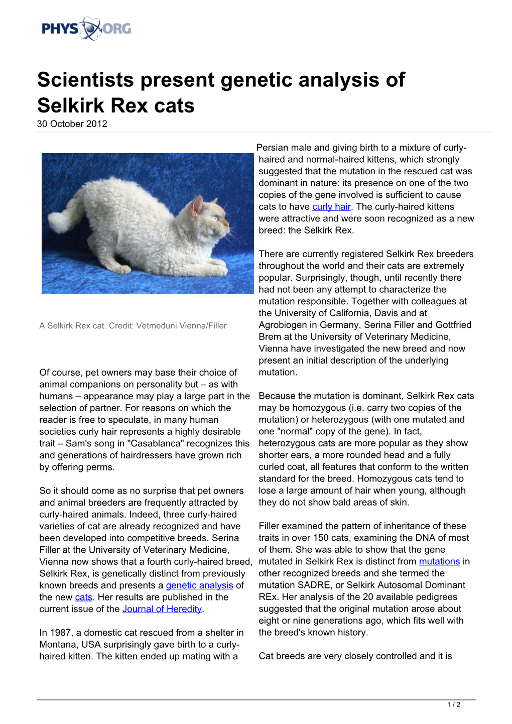 Scientists Present Genetic Analysis of Selkirk Rex Cats 30 October 2012