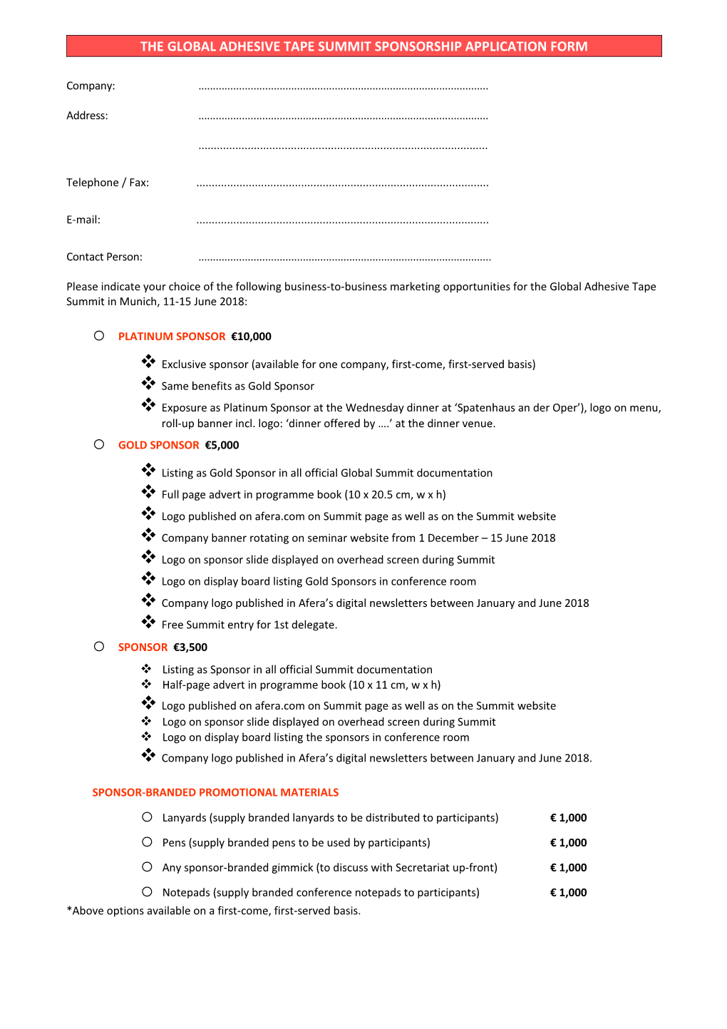 THE GLOBAL ADHESIVE TAPE SUMMIT Sponsorship Application Form