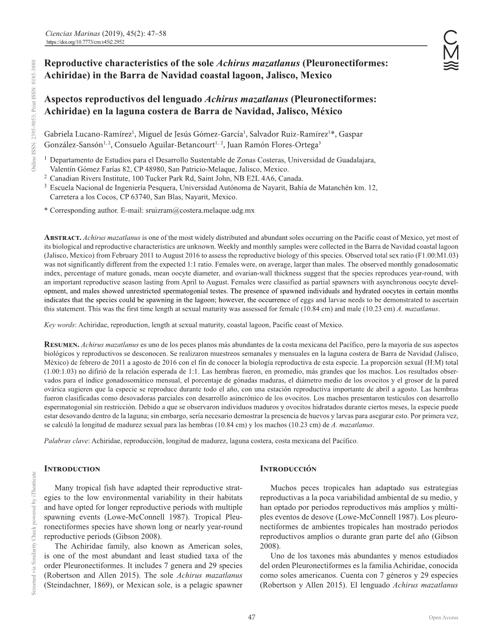 Reproductive Characteristics of the Sole Achirus Mazatlanus (Pleuronectiformes: Achiridae) in the Barra De Navidad Coastal Lagoon, Jalisco, Mexico