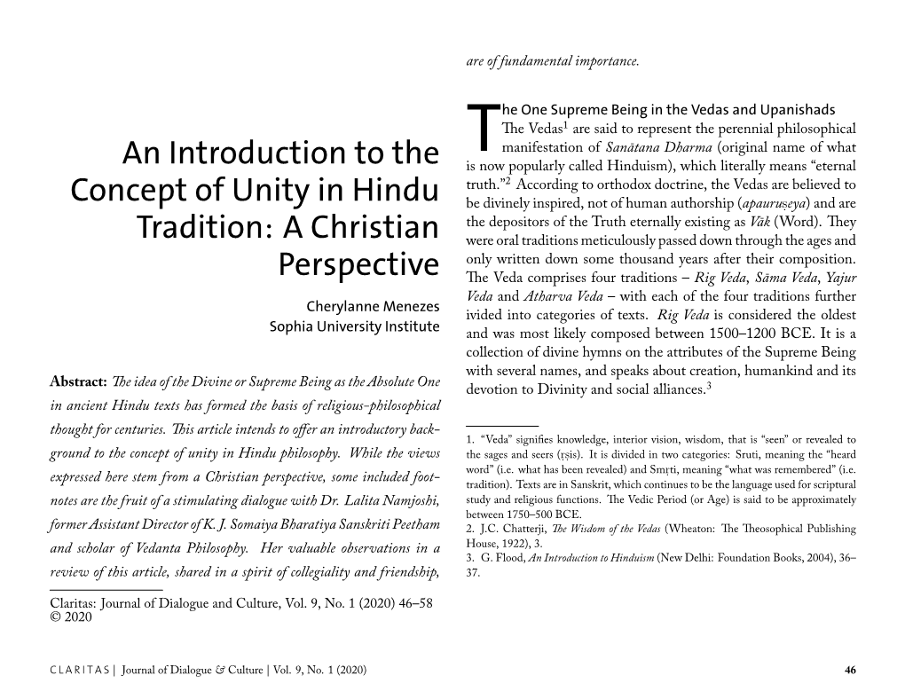 An Introduction to the Concept of Unity in Hindu Tradition: a Christian