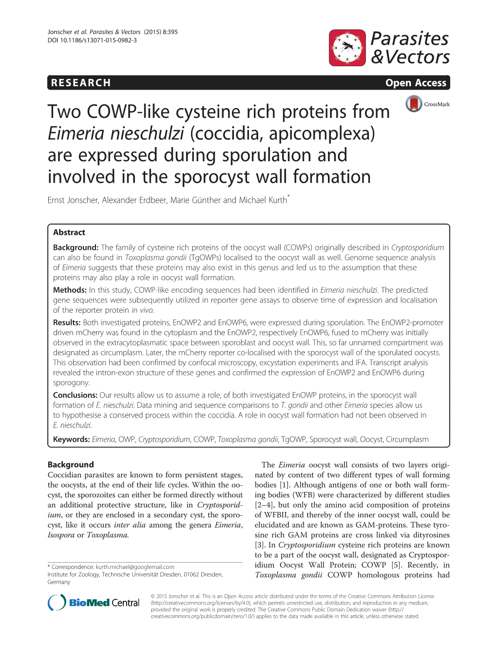 Two COWP-Like Cysteine Rich Proteins from Eimeria Nieschulzi (Coccidia