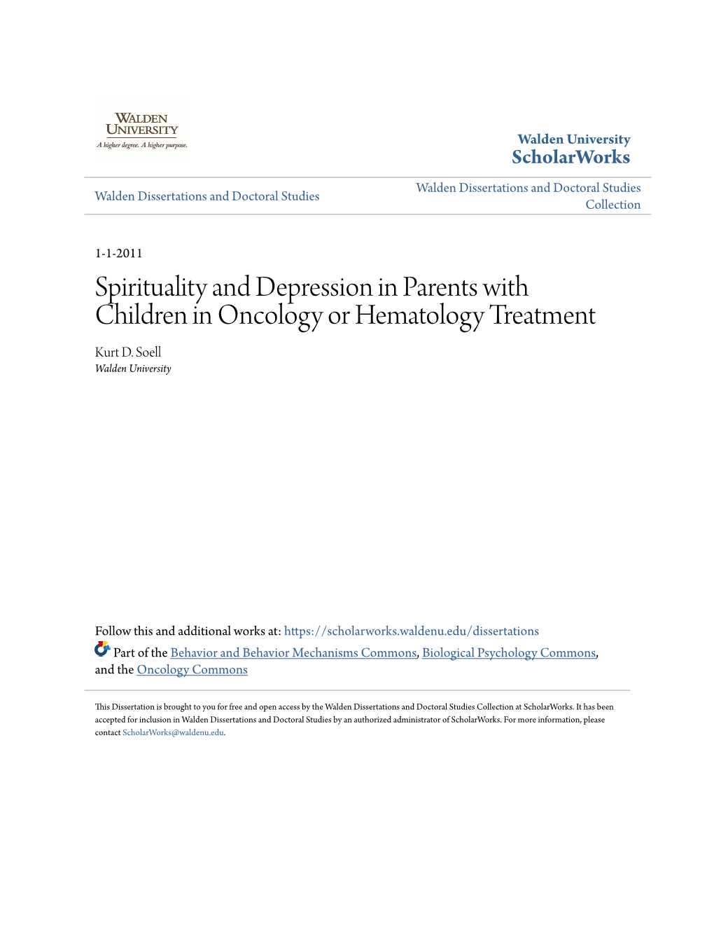 Spirituality and Depression in Parents with Children in Oncology Or Hematology Treatment Kurt D