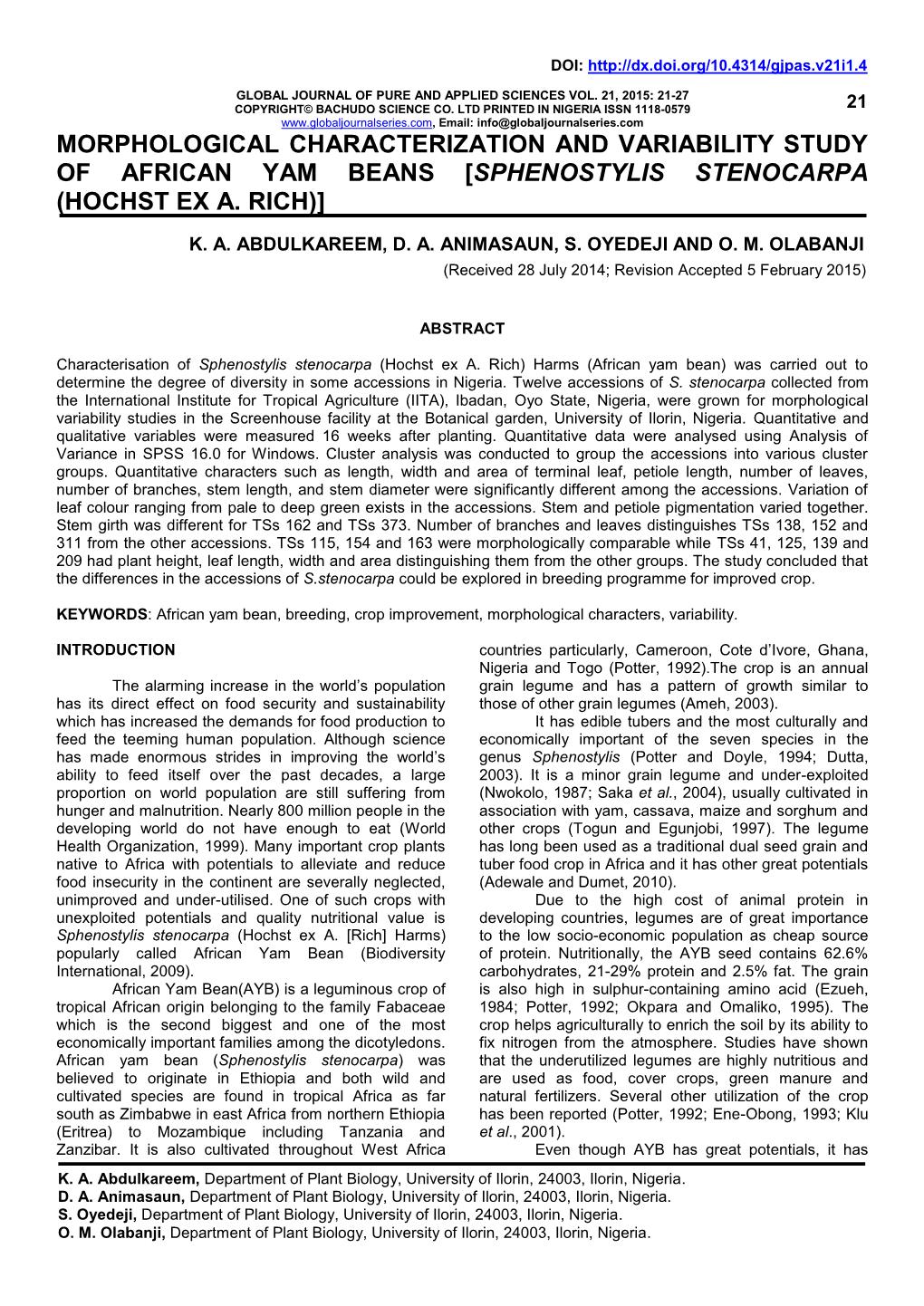 Morphological Characterization and Variability Study of African Yam Beans [Sphenostylis Stenocarpa (Hochst Ex A