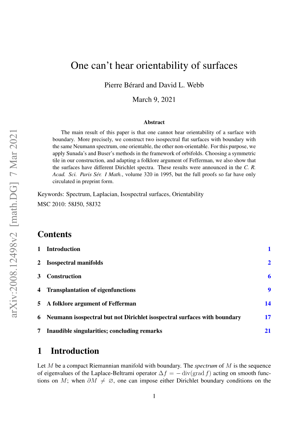 One Can't Hear Orientability of Surfaces Arxiv:2008.12498V2 [Math.DG]