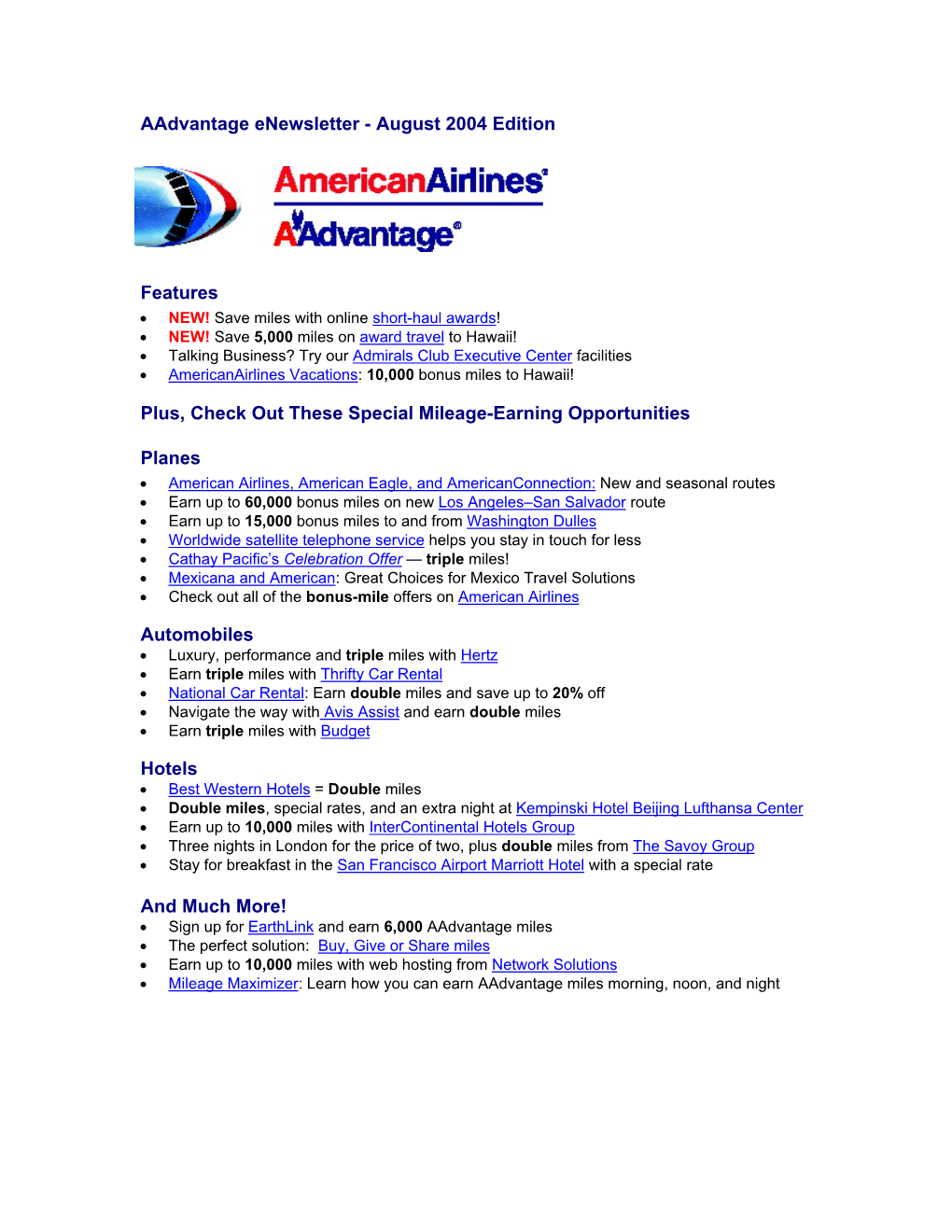 Aadvantage Enewsletter - August 2004 Edition