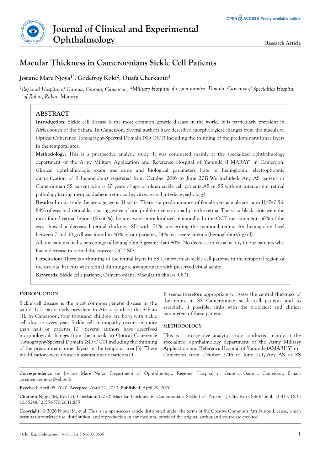 Macular Thickness in Cameroonians Sickle Cell Patients