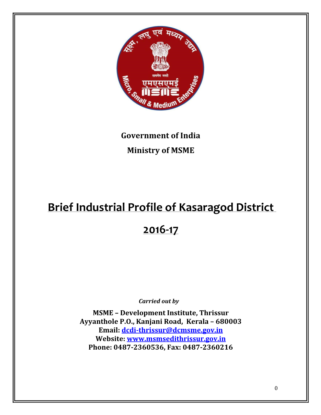 Brief Industrial Profile of Kasaragod District 2016-17