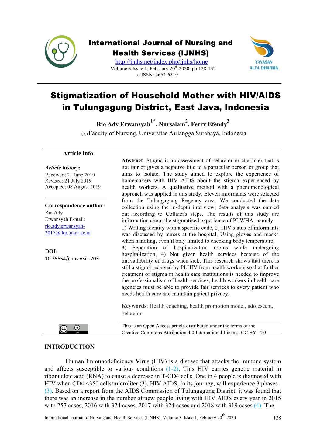 Stigmatization of Household Mother with HIV/AIDS in Tulungagung District, East Java, Indonesia