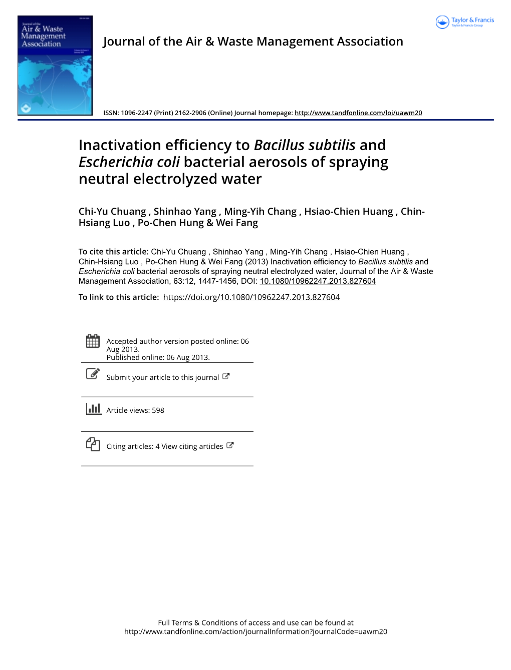 Inactivation Efficiency to Bacillus Subtilis and Escherichia Coli Bacterial Aerosols of Spraying Neutral Electrolyzed Water