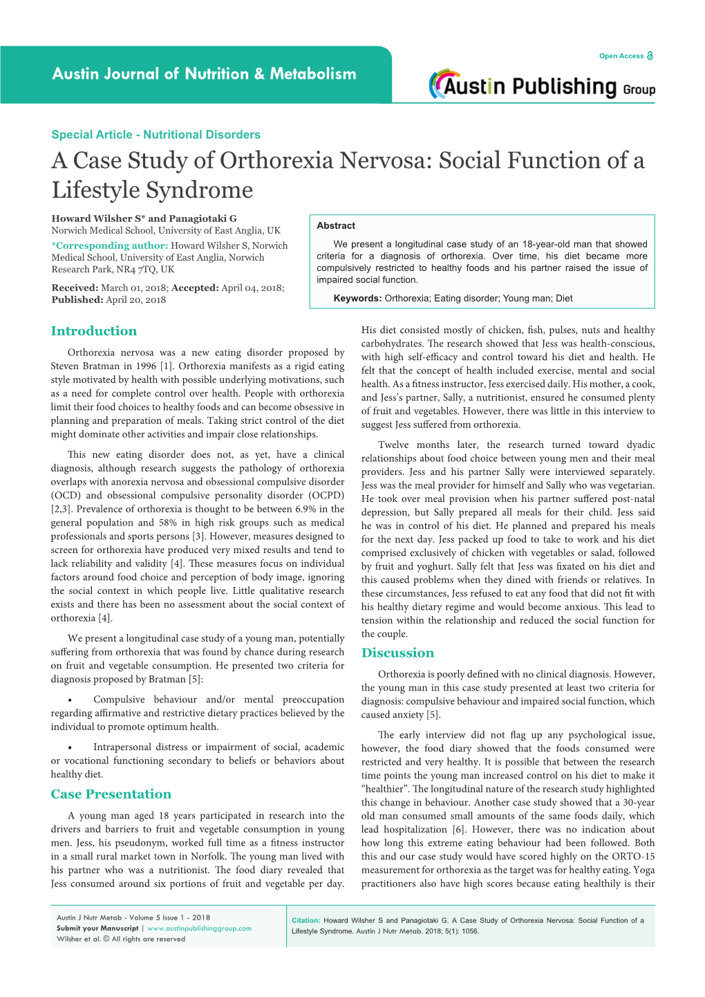 A Case Study of Orthorexia Nervosa: Social Function of a Lifestyle Syndrome