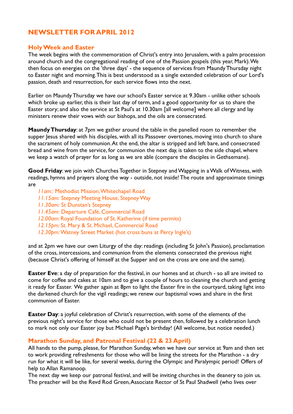 Newsletter for April 2012