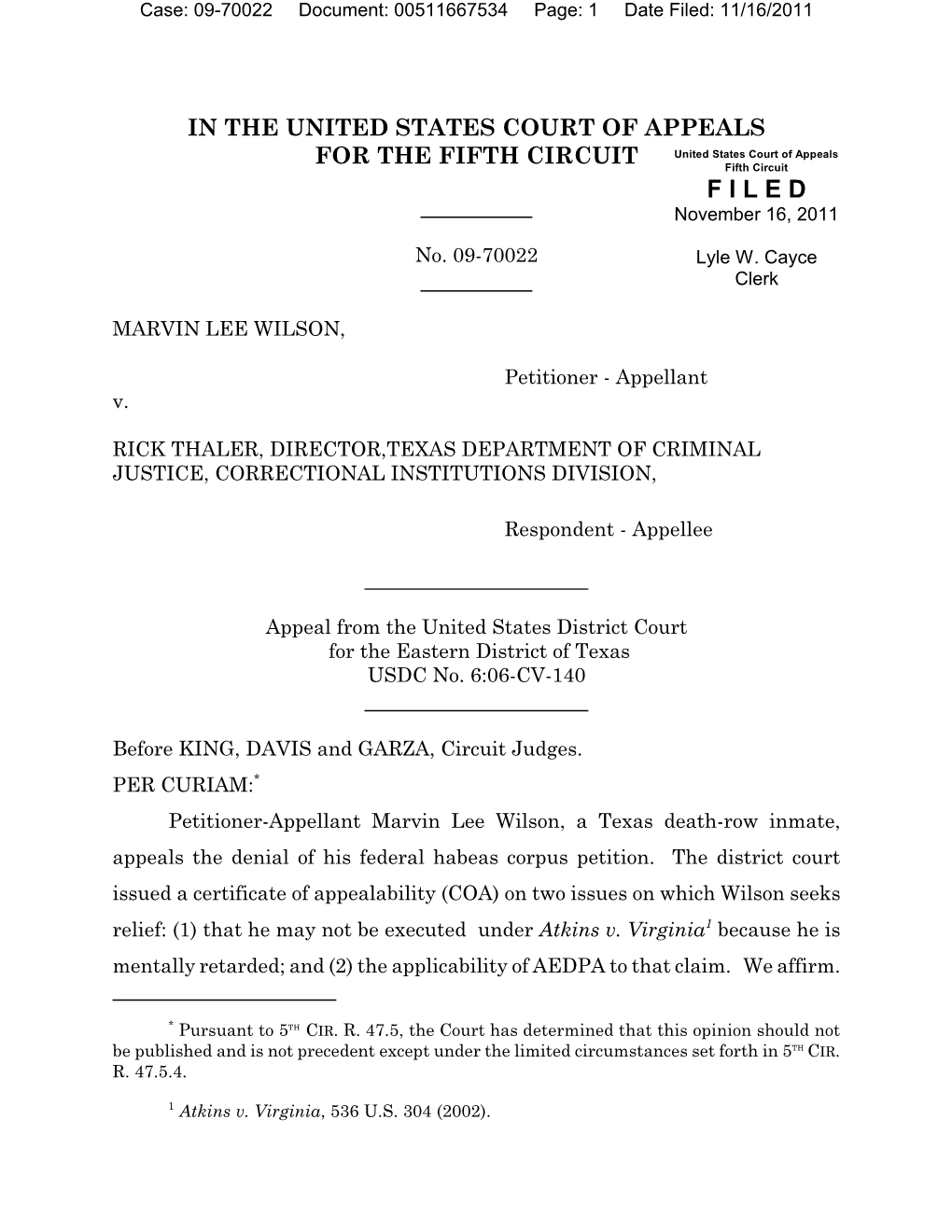 Case: 09-70022 Document: 00511667534 Page: 1 Date Filed: 11/16/2011