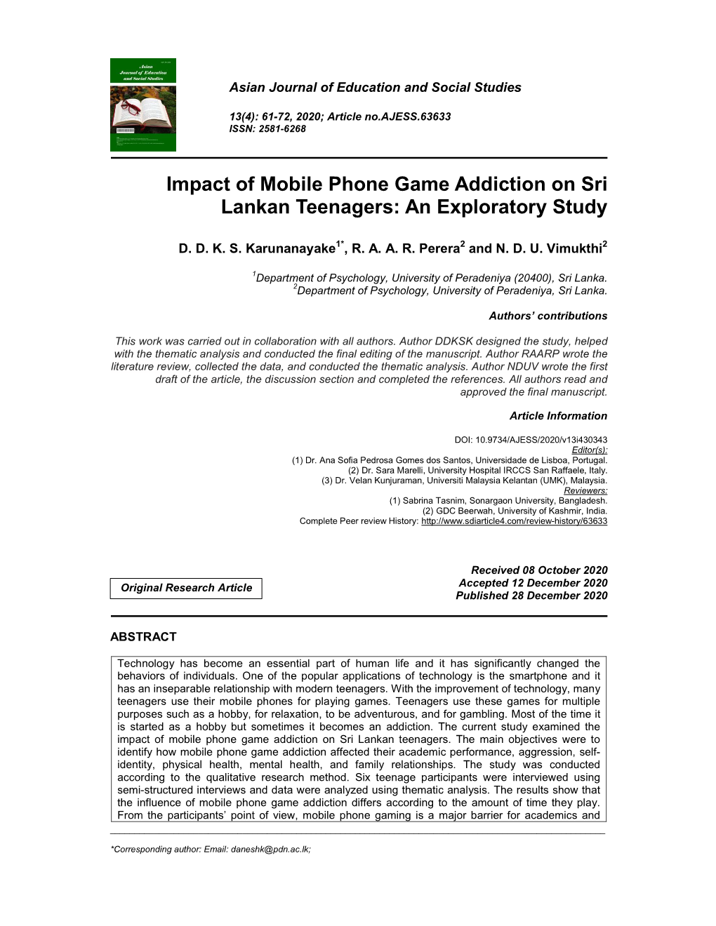 Impact of Mobile Phone Game Addiction on Sri Lankan Teenagers: an Exploratory Study