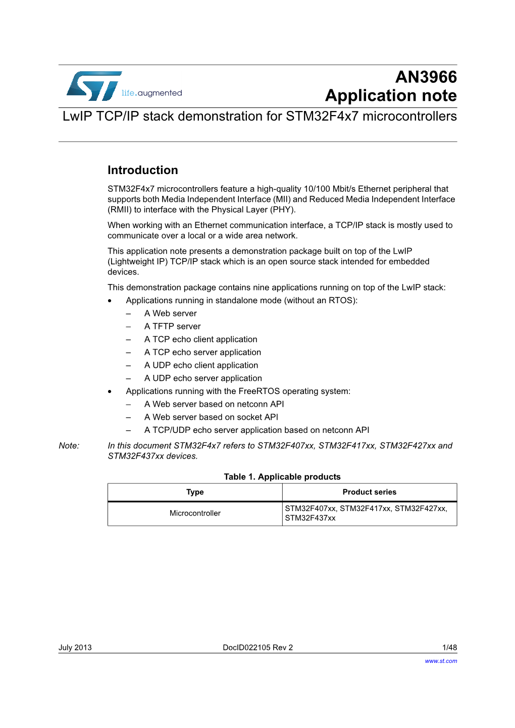 AN3966 Application Note Lwip TCP/IP Stack Demonstration for Stm32f4x7 Microcontrollers