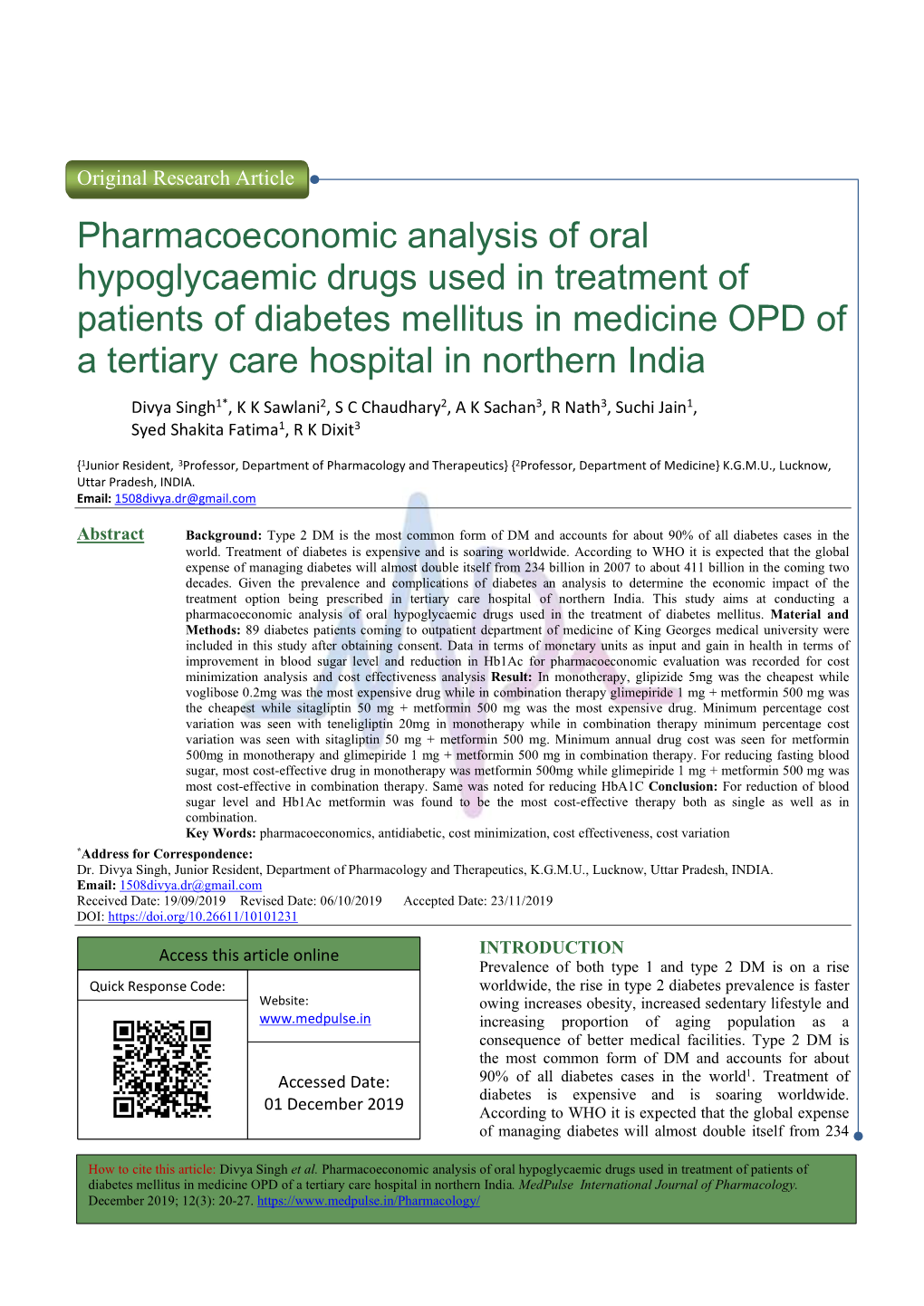 Pharmacoeconomic Analysis of Oral Hypoglycaemic Drugs Used In