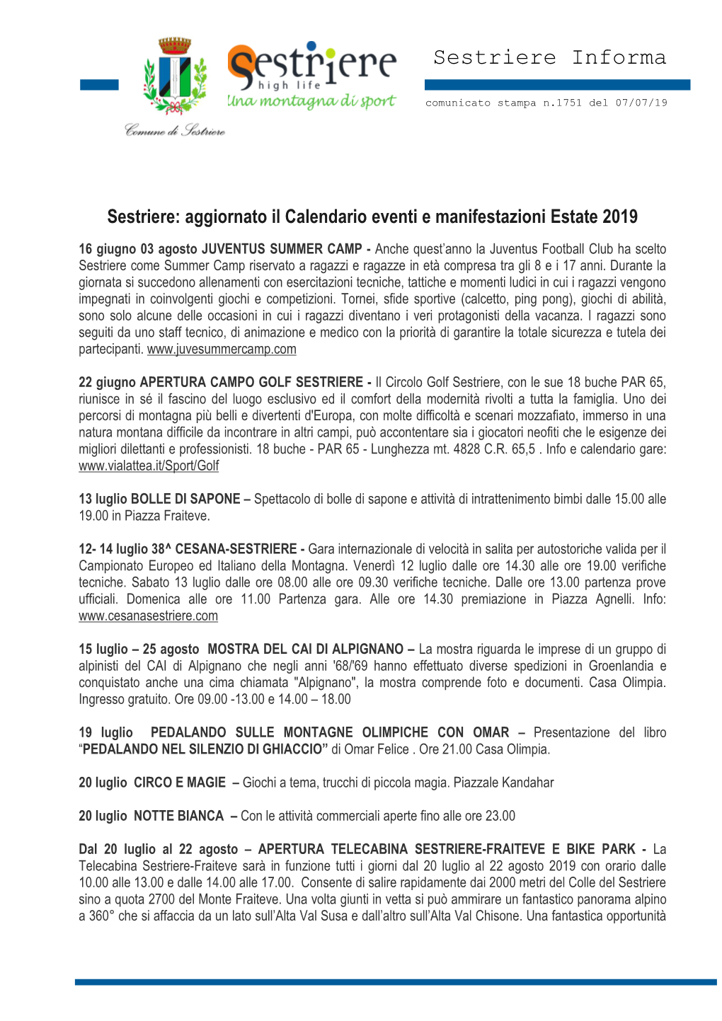 Sestriere Informa 1751 Sestriere Aggiornato Il Calendario Eventi Estate 2019