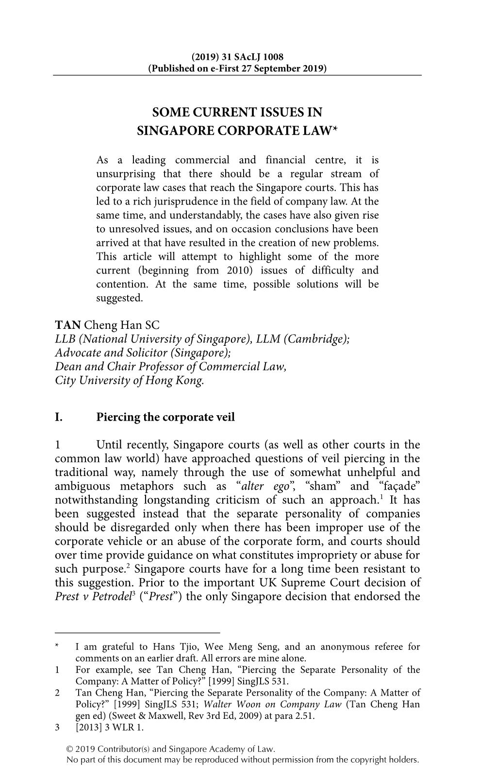 Some Current Issues in Singapore Corporate Law*