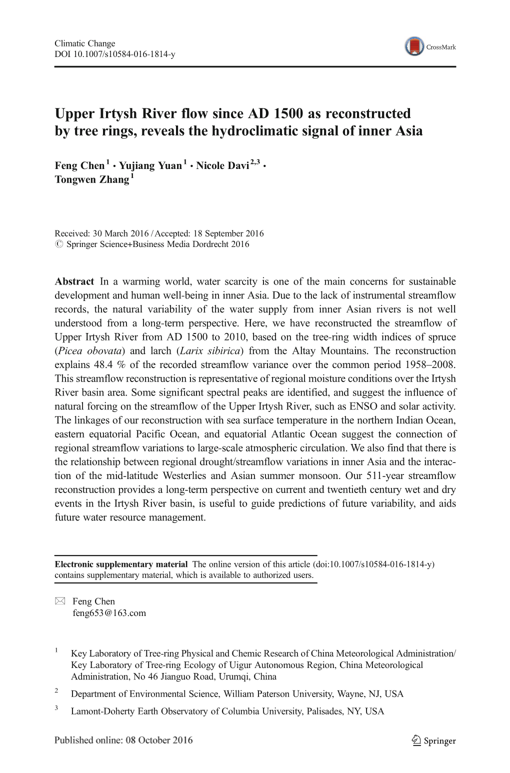 Upper Irtysh River Flow Since AD 1500 As Reconstructed by Tree Rings, Reveals the Hydroclimatic Signal of Inner Asia