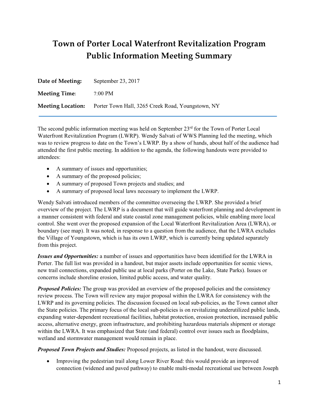 Town of Porter Local Waterfront Revitalization Program Public Information Meeting Summary